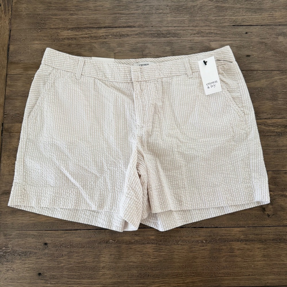 NWT Crown & Ivy Womens Seersucker Striped Shorts Tan White 10 New cotton spring